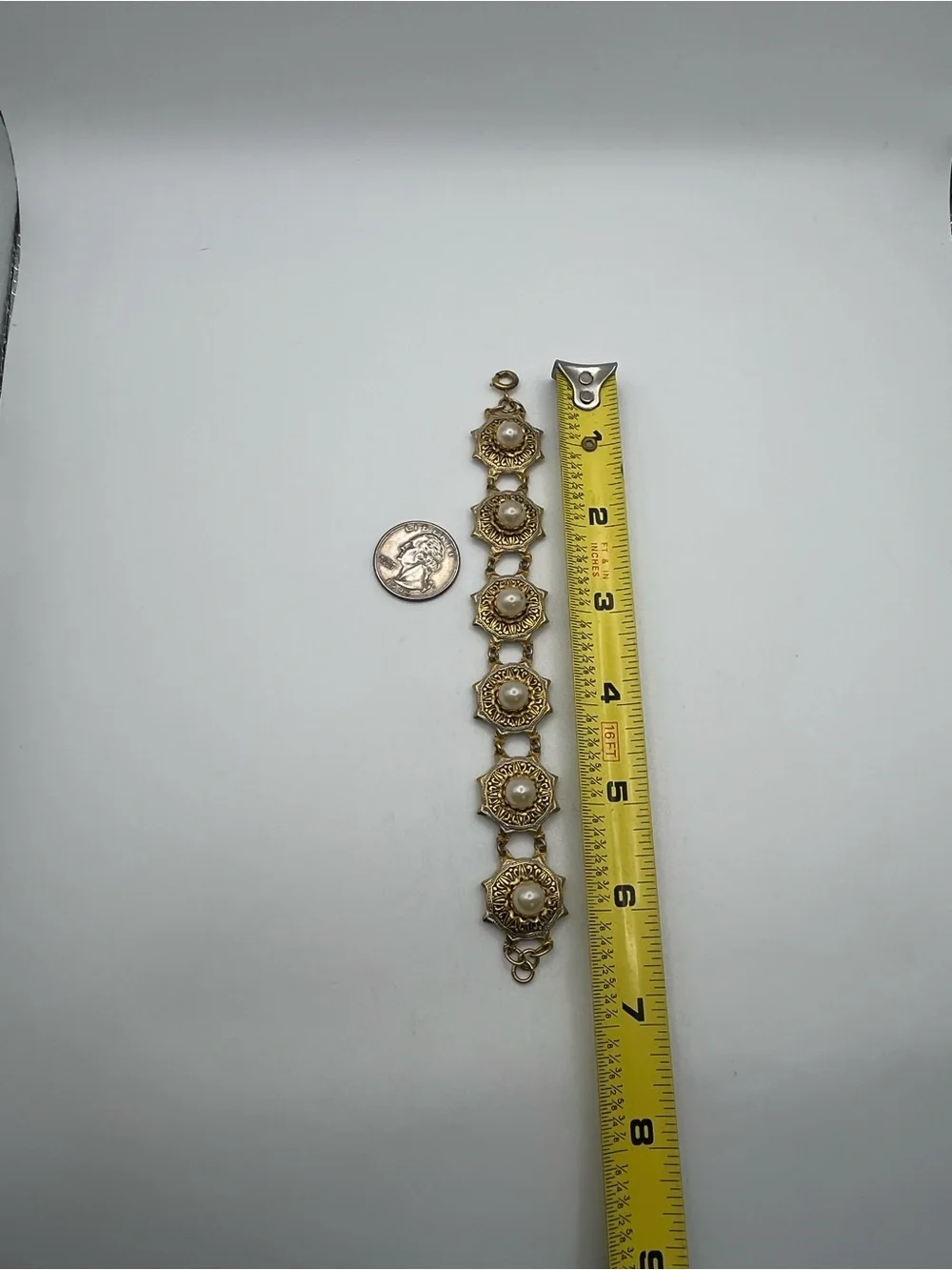 Damascene black enamel gold tone design faux pearl flower star bracelet vintage